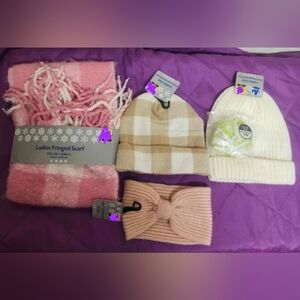 ALL NEW - Ladies Winter Set 2 Hats, 1 Scarf & 1 Ear Warmer, 3 Pairs of Gloves